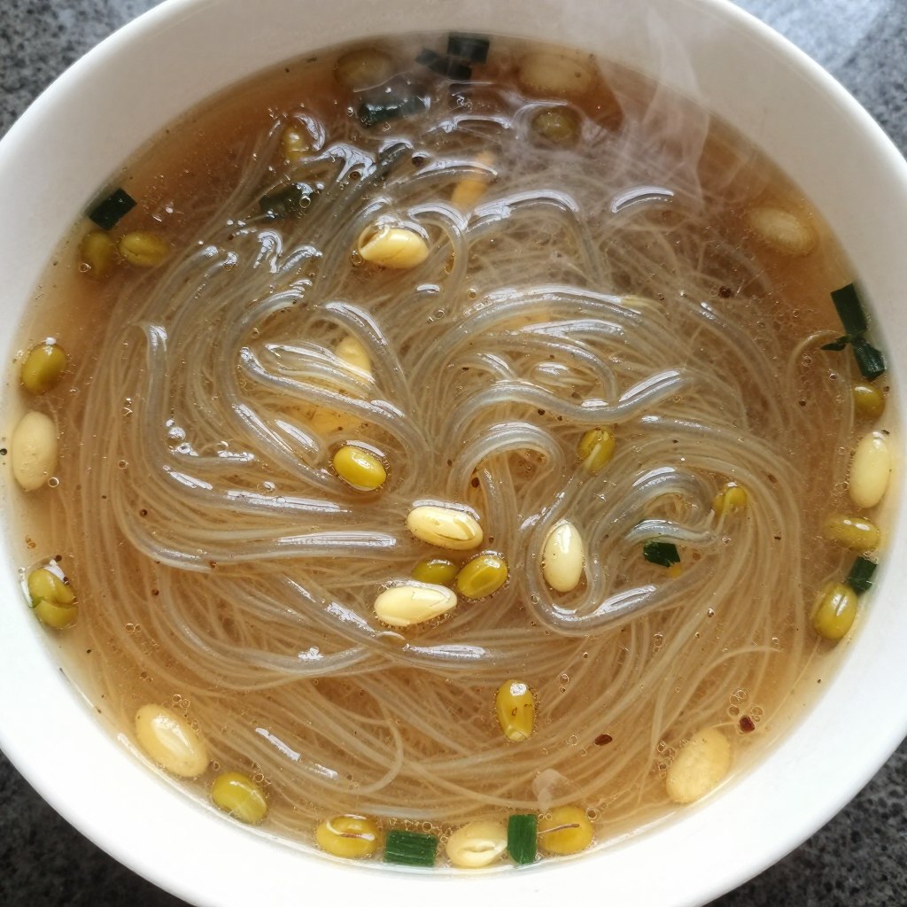 Bowl of clear soup with Mung Bean Vermicelli (Longkou Vermicelli) showing how it absorbs flavors