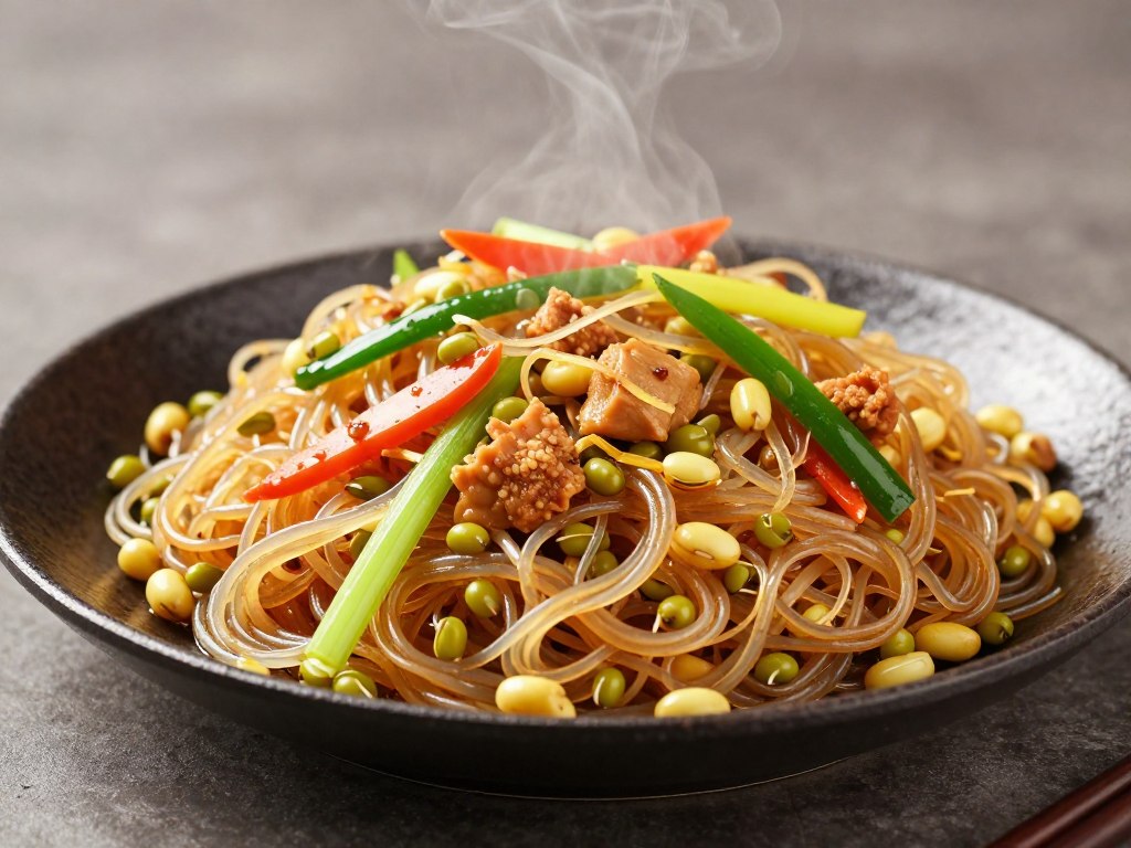 Chinese stir-fried mung bean vermicelli dish showcasing the noodles' texture and clarity
