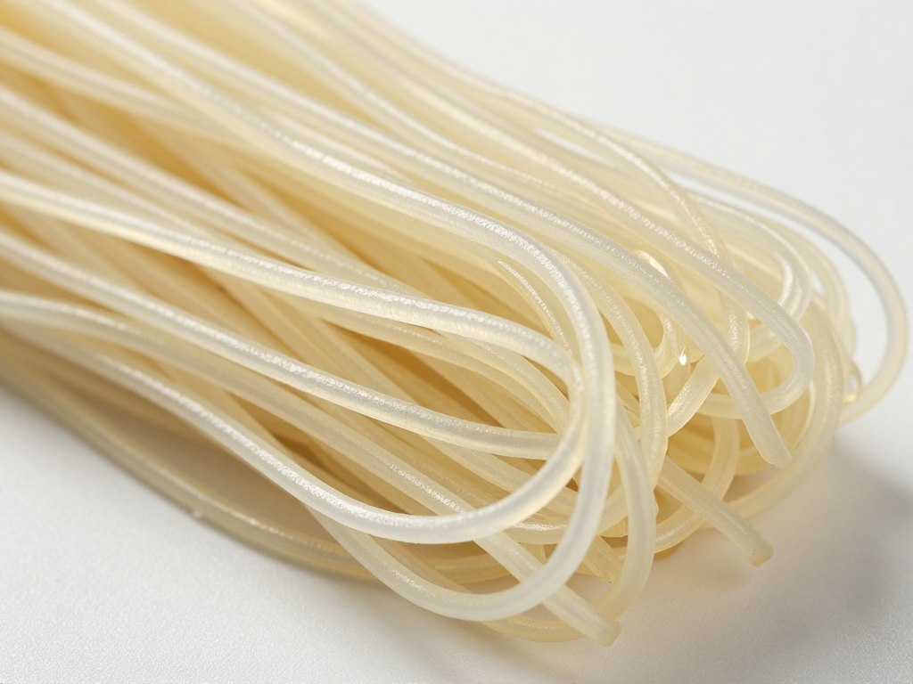 Close-up of cooked Mung Bean Vermicelli (Longkou Vermicelli) showing translucent texture