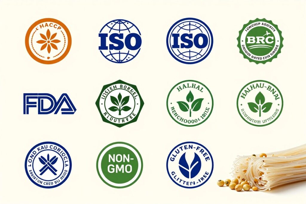Collection of international quality certification logos that Longkou mung bean vermicelli has obtained