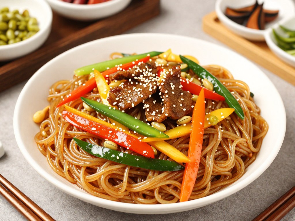 Korean Japchae made with Longkou mung bean vermicelli highlighting versatility