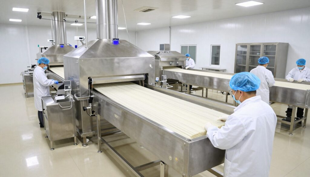 Modern Longkou vermicelli production facility with quality control testing equipment and staff