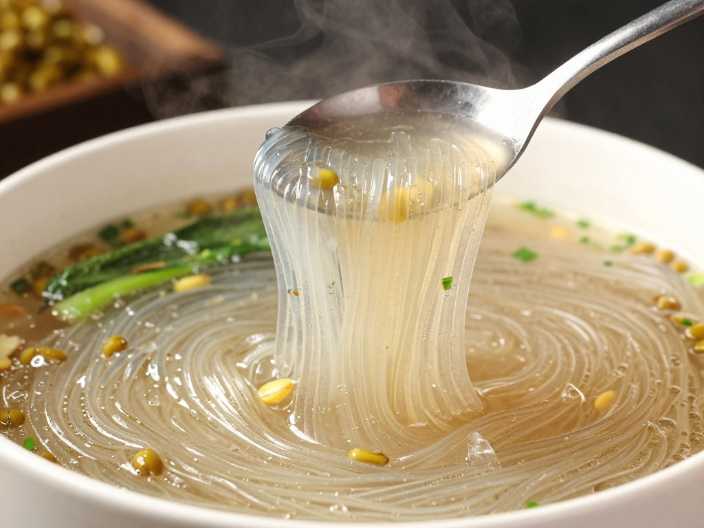 Soup with Longkou mung bean vermicelli showing clarity and texture retention in liquid