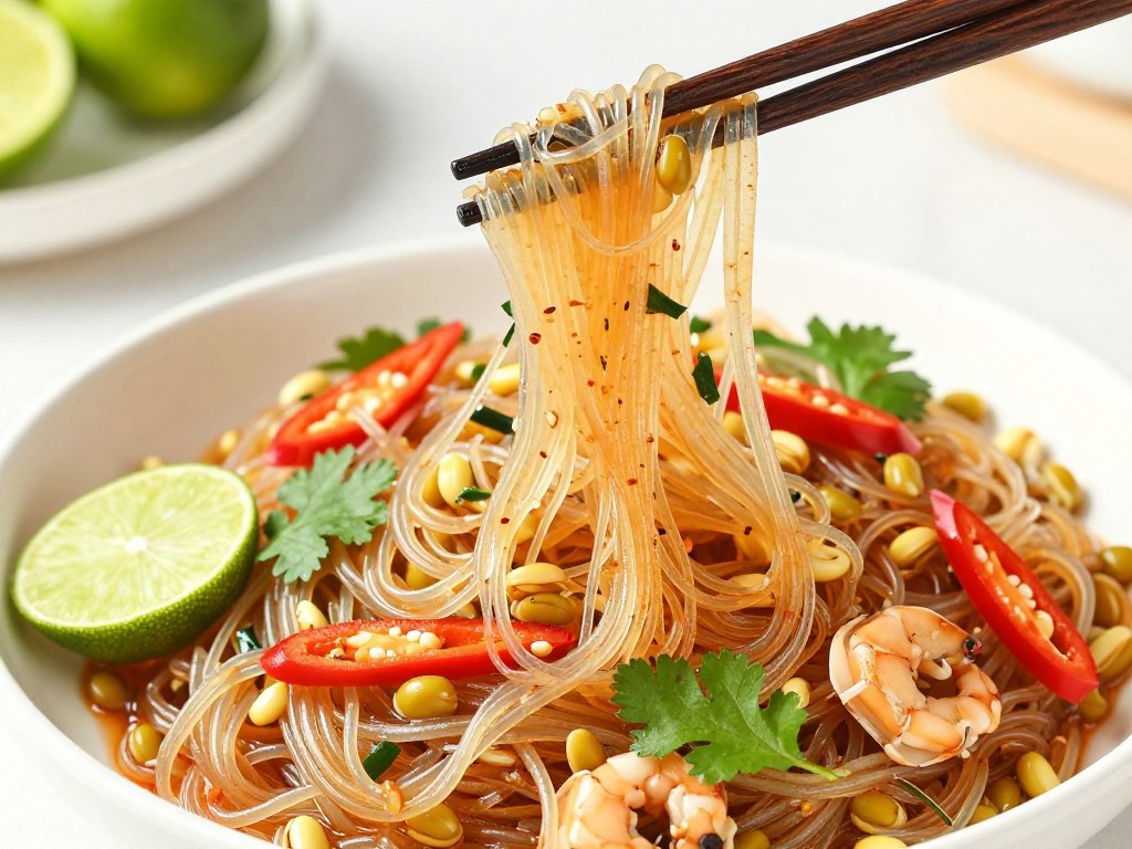 Thai glass noodle salad showcasing Longkou mung bean vermicelli's texture and flavor absorption