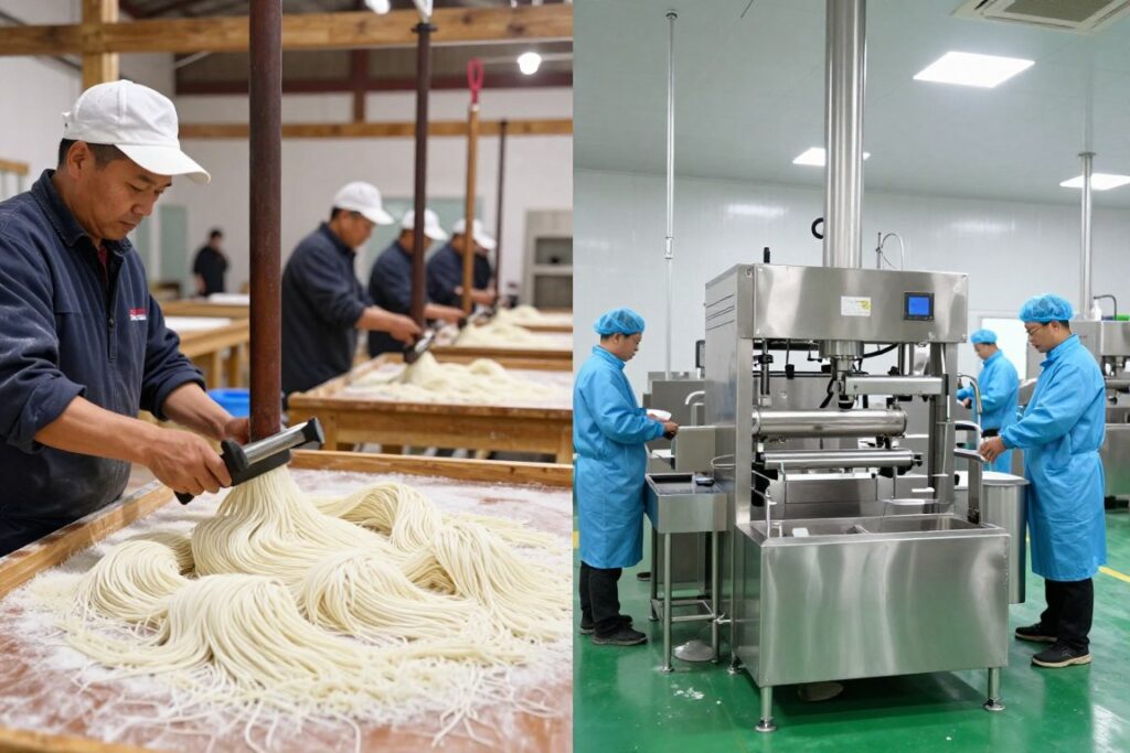 Traditional Longkou vermicelli production methods alongside modern facilities showing the blend of heritage and technology