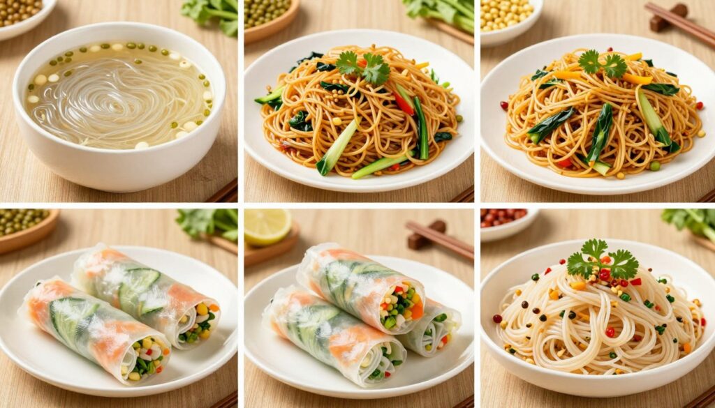 Various dishes made with Mung Bean Vermicelli (Longkou Vermicelli) showing versatility