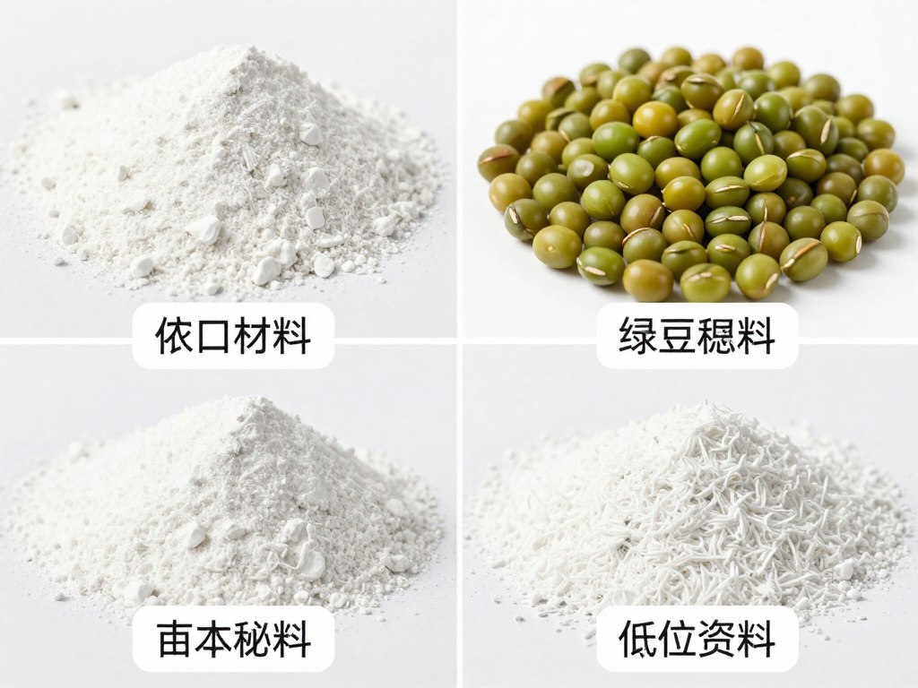 龙口粉丝原料对比图，展示不同品质的豌豆和绿豆淀粉，帮助识别龙口粉丝供应商的原料质量