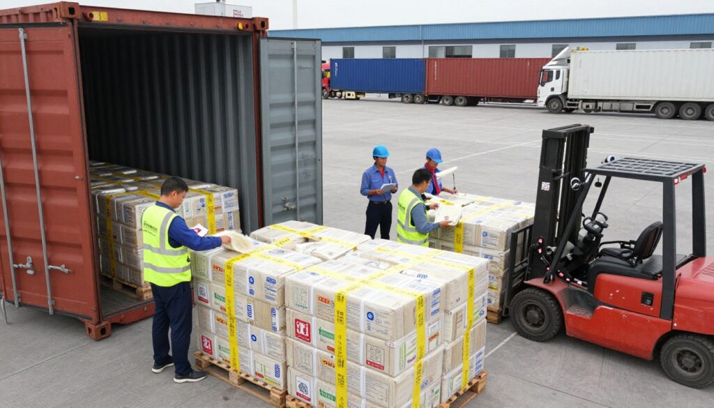 龙口粉丝国际物流运输，展示产品出口包装和装柜过程，体现龙口粉丝供应商的国际供货能力