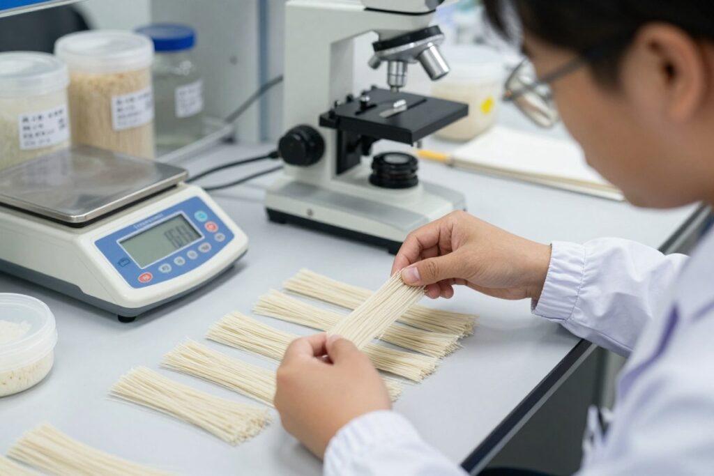 龙口粉丝样品评估过程，专业人员检测样品质量，帮助筛选合格的龙口粉丝供应商