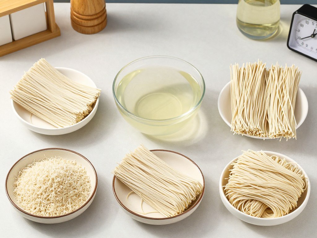 龙口粉丝烹饪测试，展示不同烹饪时间的粉丝状态，帮助评估龙口粉丝供应商的产品质量