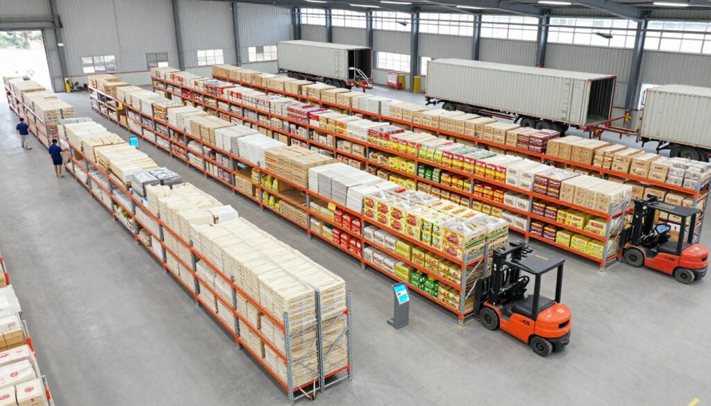 龙口粉丝现代化仓储设施，展示大型库存和物流管理系统，体现龙口粉丝供应商的供货能力