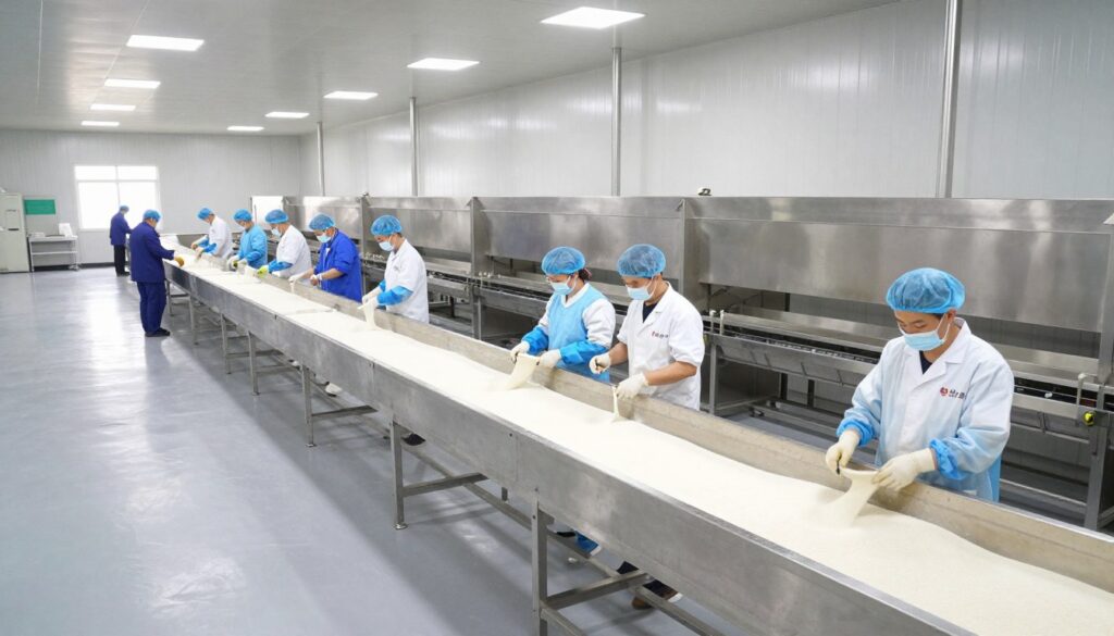 龙口粉丝生产车间全景，展示现代化生产线和工人操作，体现正规龙口粉丝供应商的生产能力