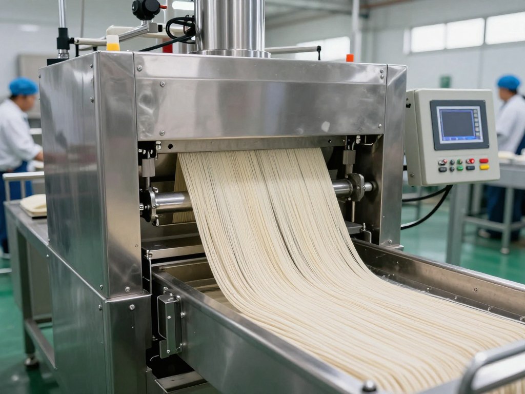 龙口粉丝自动化生产线特写，展示现代化设备和生产效率，体现龙口粉丝供应商的产能