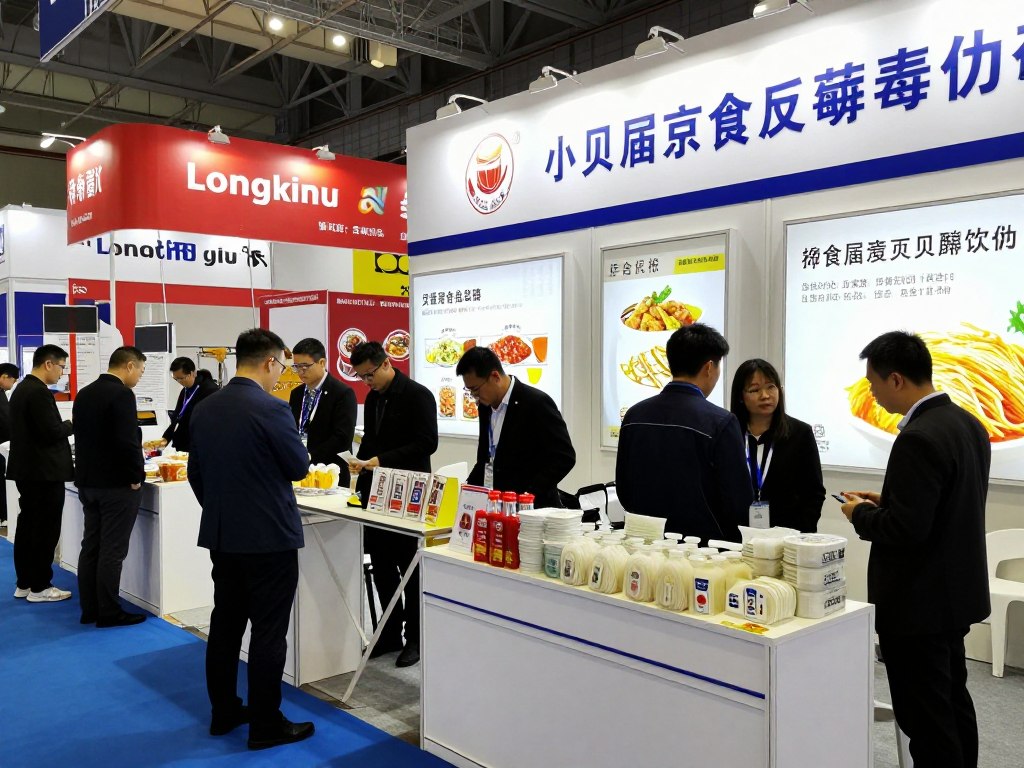 龙口粉丝行业展会现场，展示主要龙口粉丝供应商的展台和客户交流，体现行业地位和口碑