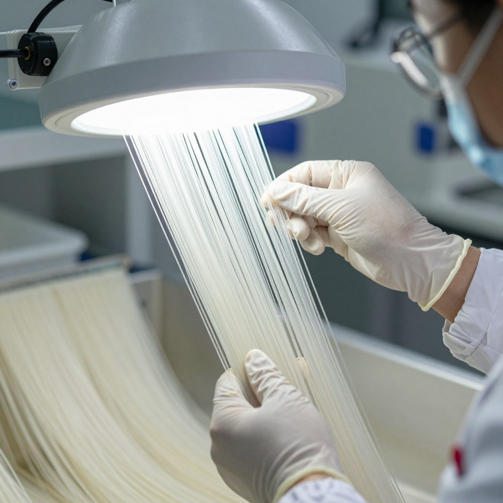 龙口粉丝质量检测过程，专业人员检查粉丝的透明度和均匀性，展示龙口粉丝供应商的质检流程