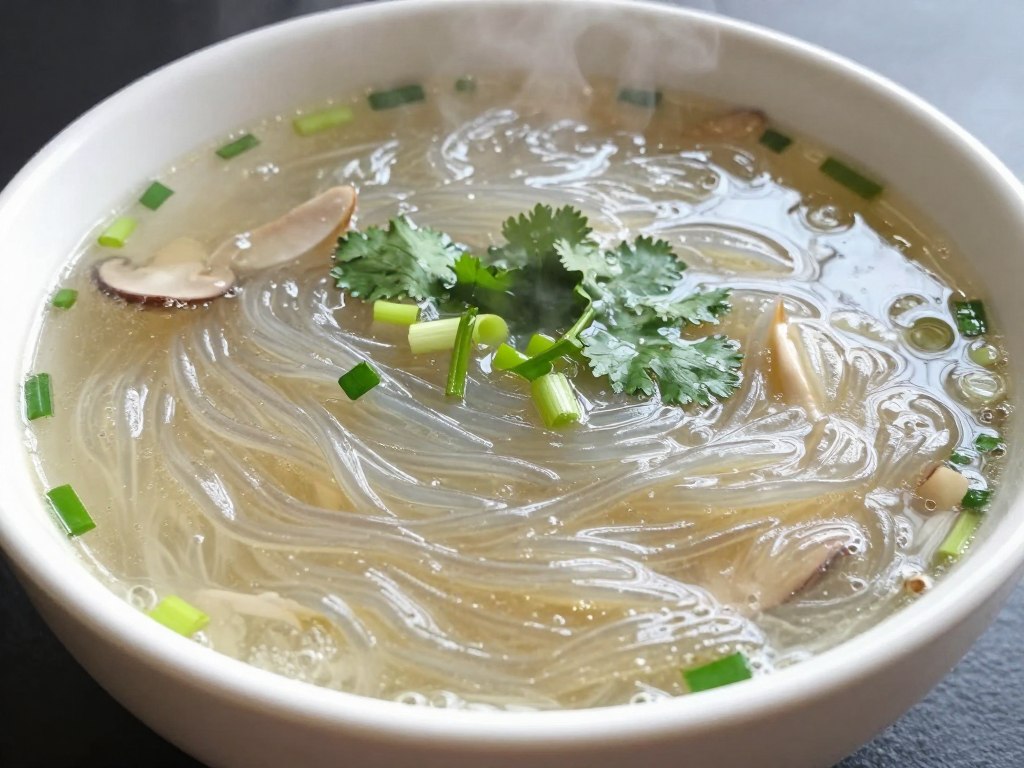 Bowl of clear soup with Longkou vermicelli, garnished with herbs and vegetables