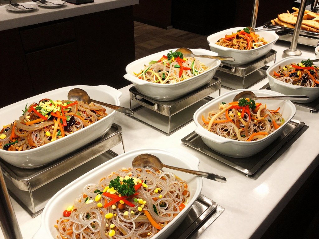Catering display featuring glass noodle salads in food service setting