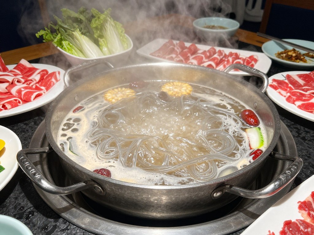 Chinese hot pot with glass noodles and various ingredients