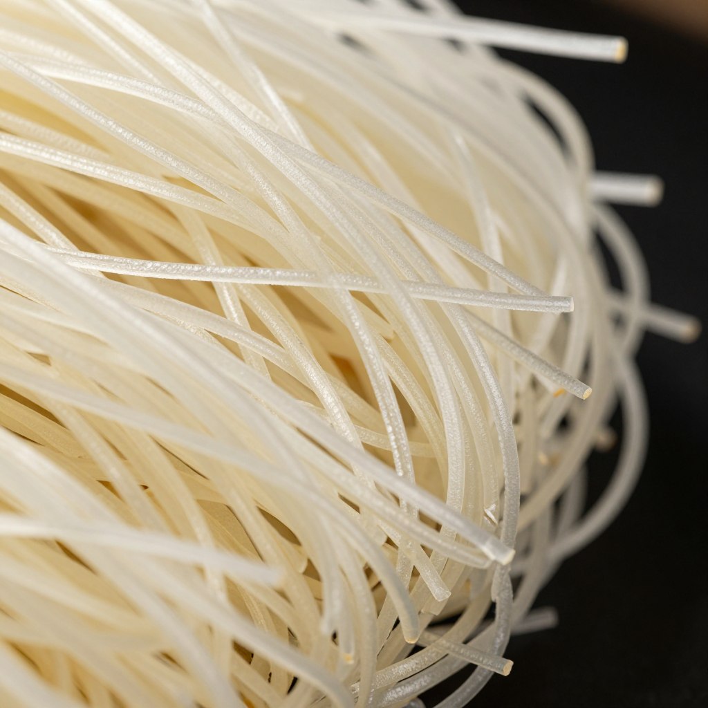 Close-up of dried mung bean glass noodles showing their texture