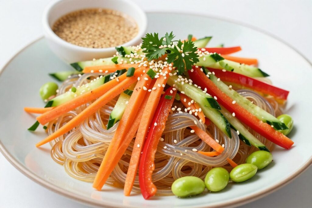 Cold Longkou vermicelli salad with fresh vegetables and sesame dressing