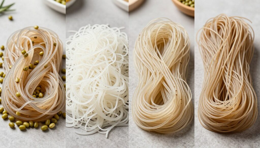 Comparison of different Asian noodle types including mung bean glass noodles