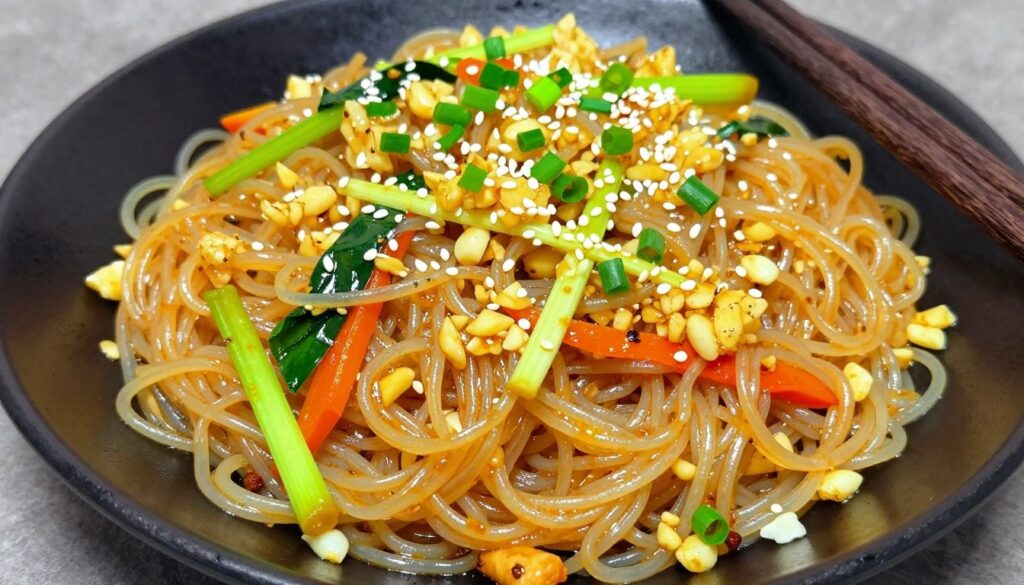 Completed Longkou vermicelli stir-fry dish with vegetables and sauce