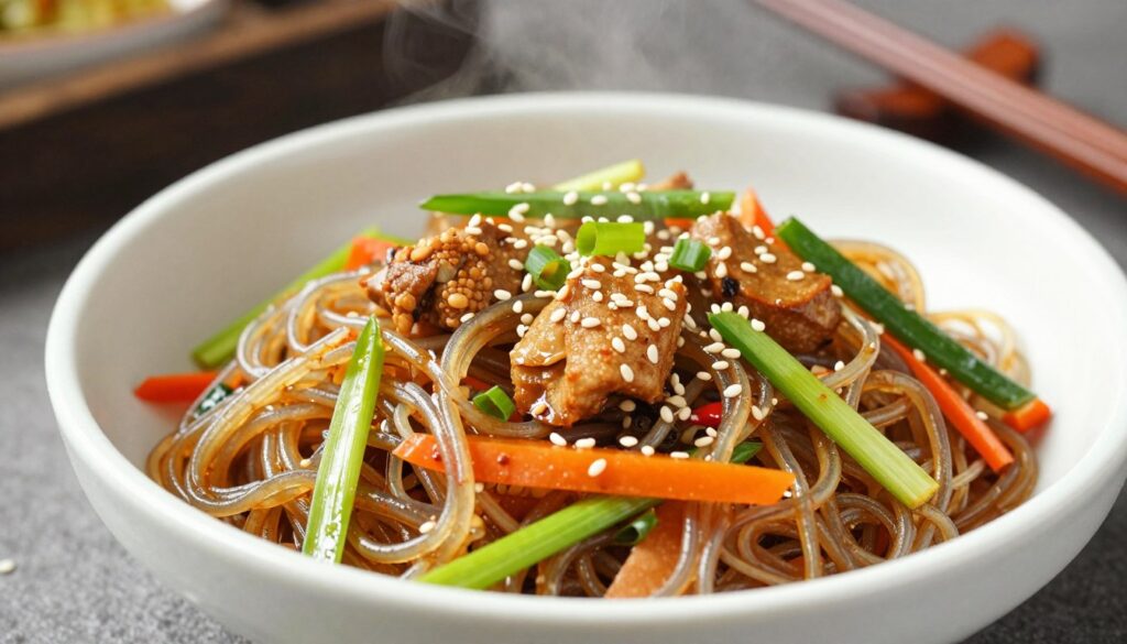 Completed glass noodle stir-fry dish in a bowl with chopsticks