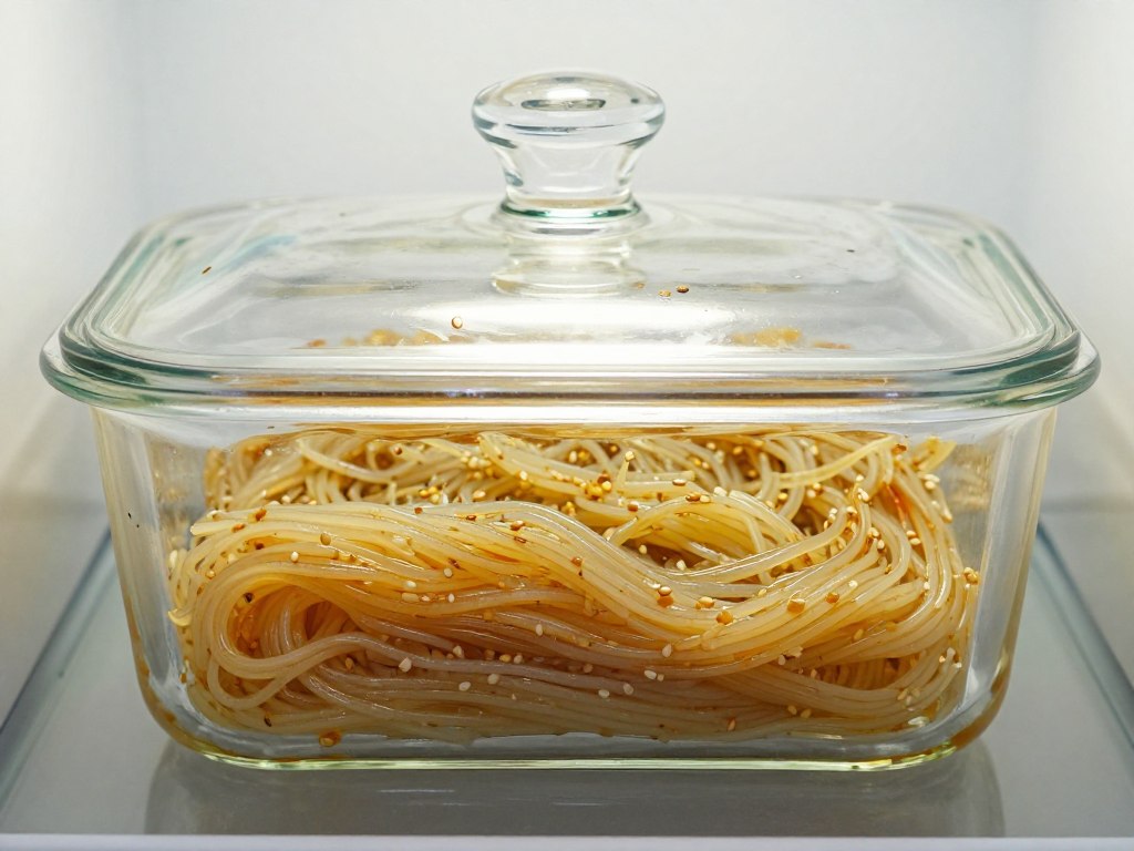 Cooked Longkou vermicelli stored in container with a little oil