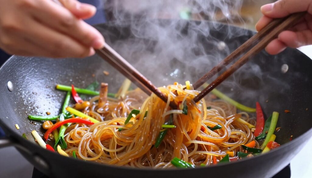 Hands using chopsticks to stir-fry mung bean glass noodles in a wok