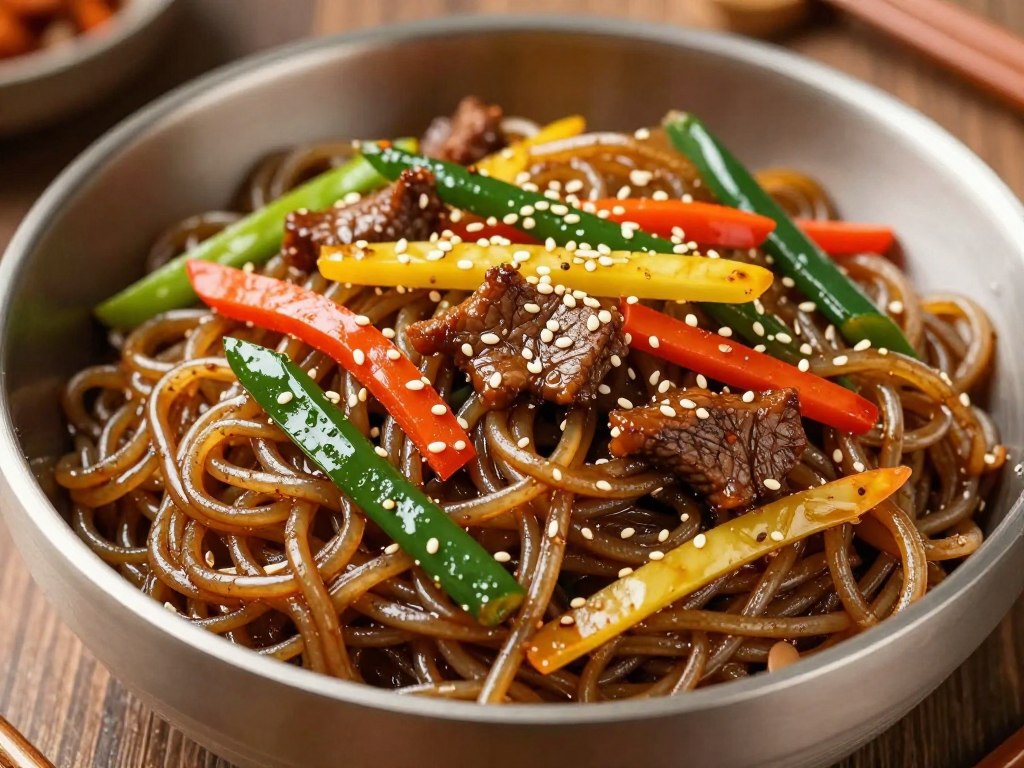 Korean Japchae dish made with mung bean glass noodles