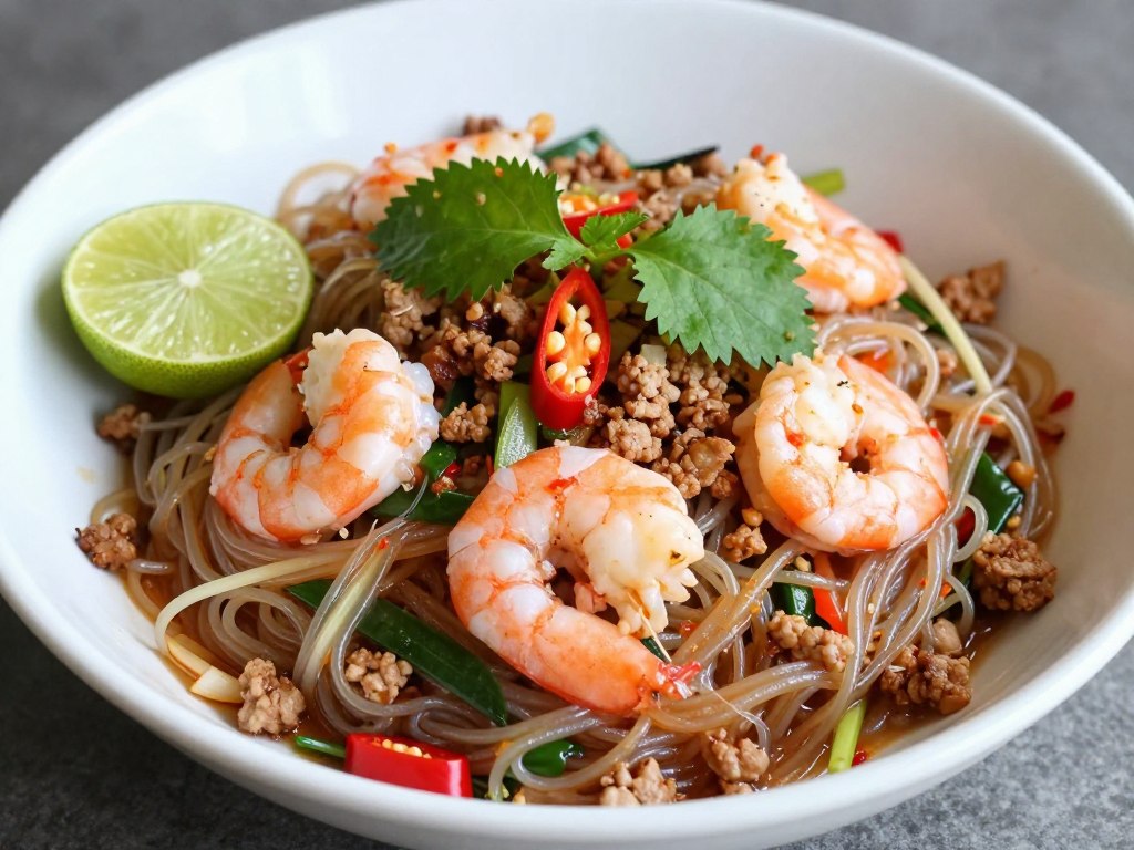 Spicy Thai glass noodle salad with seafood