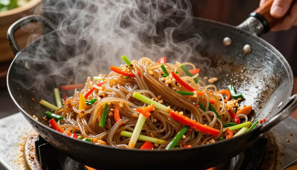 Stir-frying Longkou vermicelli in a wok with colorful vegetables and sauce