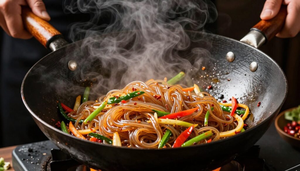 Stir-frying Longkou vermicelli in a wok with vegetables