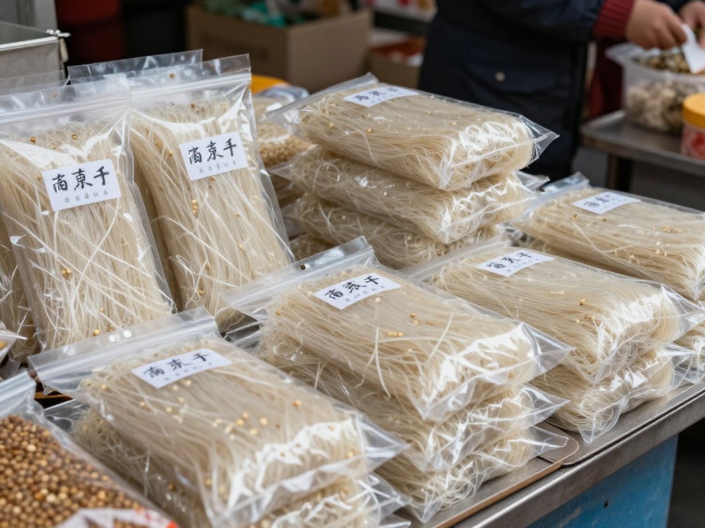 Traditional Asian market display of various dried mung bean glass noodles