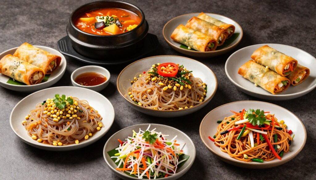 Various dishes made with mung bean glass noodles from different Asian cuisines
