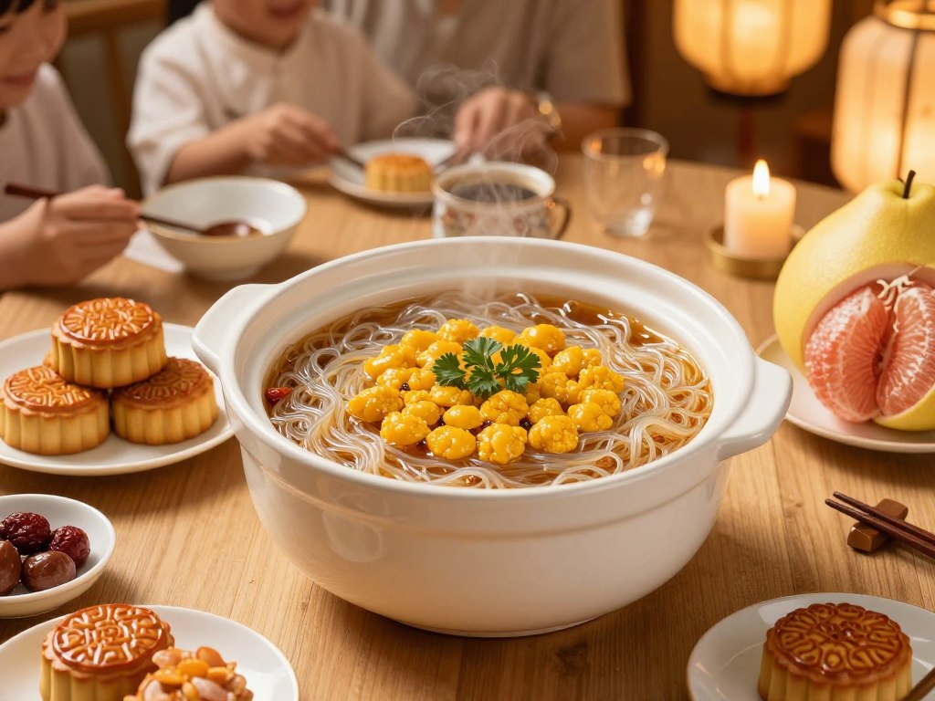 中秋节家宴上的龙口粉丝蟹黄煲，金黄的蟹黄覆盖在晶莹的粉丝上