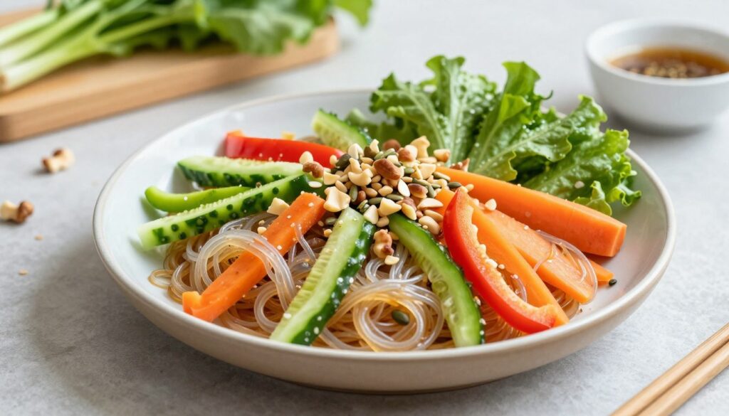 健康餐盘中的龙口粉丝沙拉，配有各种新鲜蔬菜和坚果