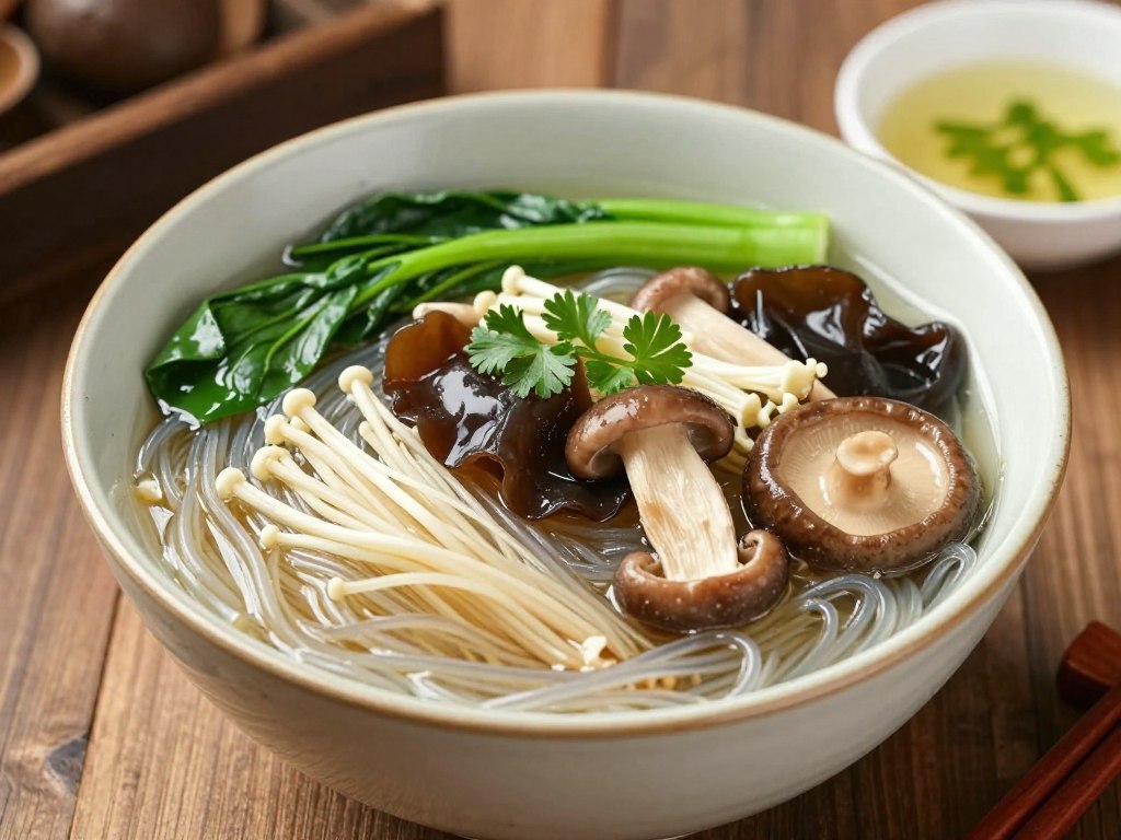 养生餐中的龙口粉丝菜肴，配有菌菇和绿色蔬菜