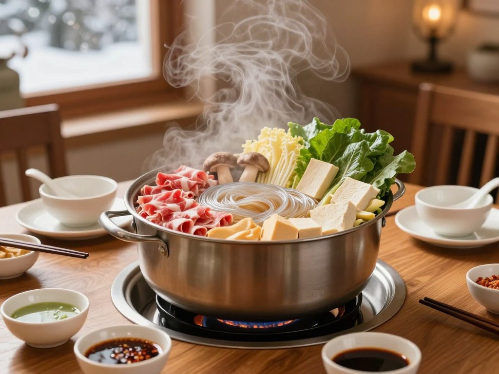 冬季暖心的龙口粉丝火锅，热气腾腾的锅中有丰富的食材和粉丝