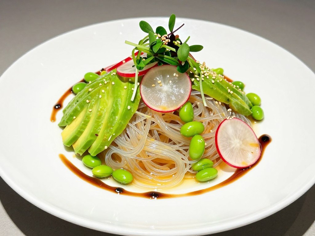 创新菜式龙口粉丝沙拉，精美的盘饰中有冷拌的粉丝和各种新鲜配料