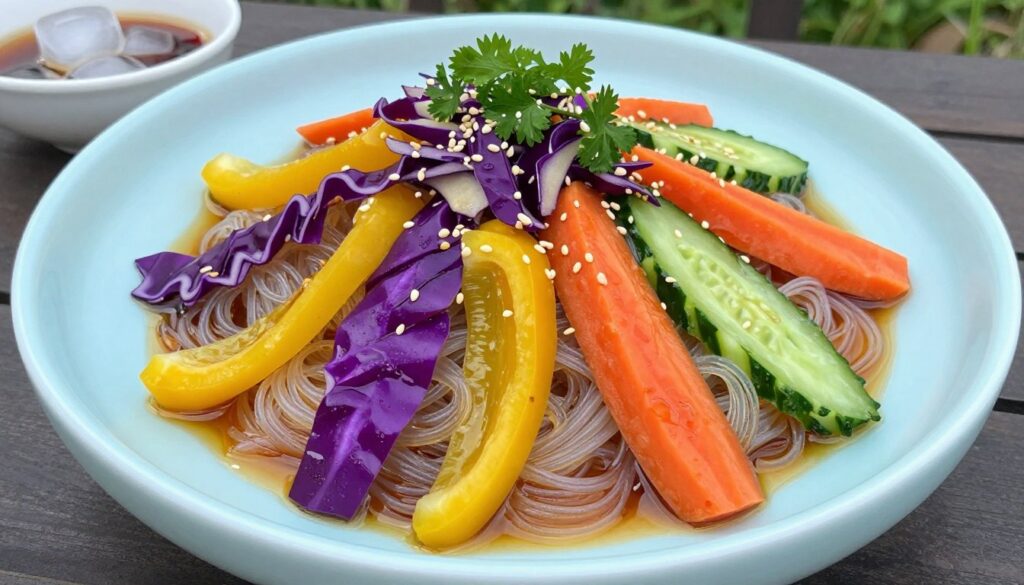 夏季清凉的龙口粉丝凉菜，色彩鲜艳的蔬菜与透明的粉丝搭配