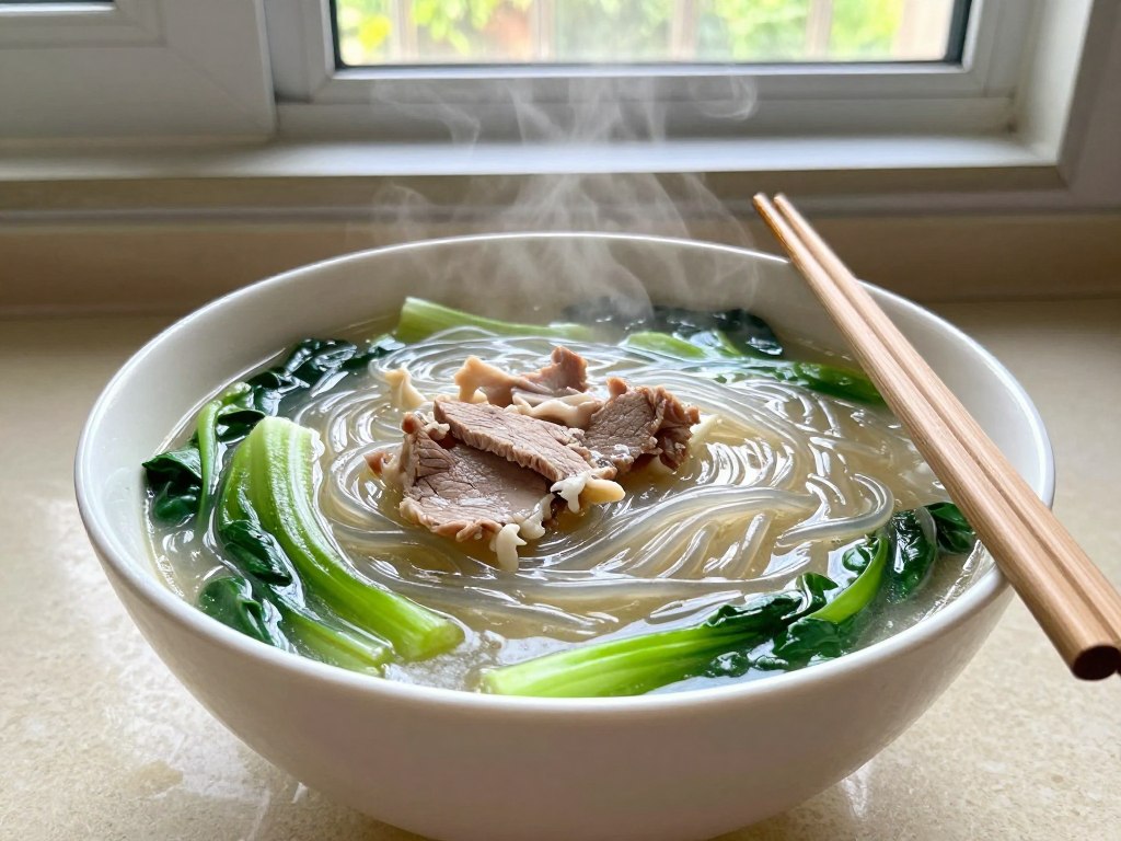 家庭厨房中的龙口粉丝汤，碗中有清澈的汤底和透明的粉丝，配有青菜和肉片