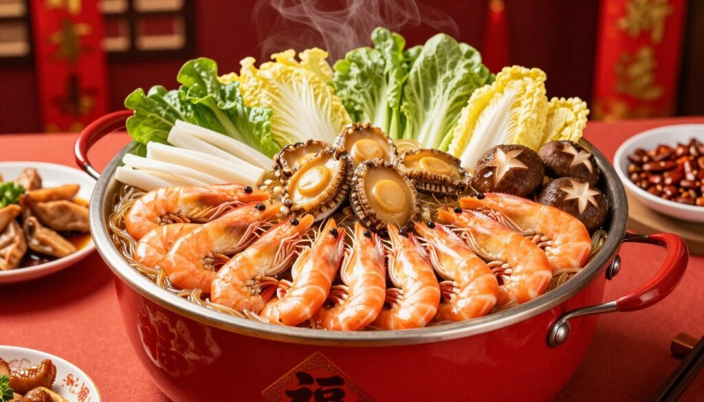 春节宴席上的龙口粉丝大盆菜，红色的大盆中有丰富的食材和粉丝