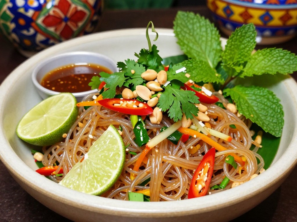 泰式风味的龙口粉丝沙拉，配有辣椒、柠檬和香草