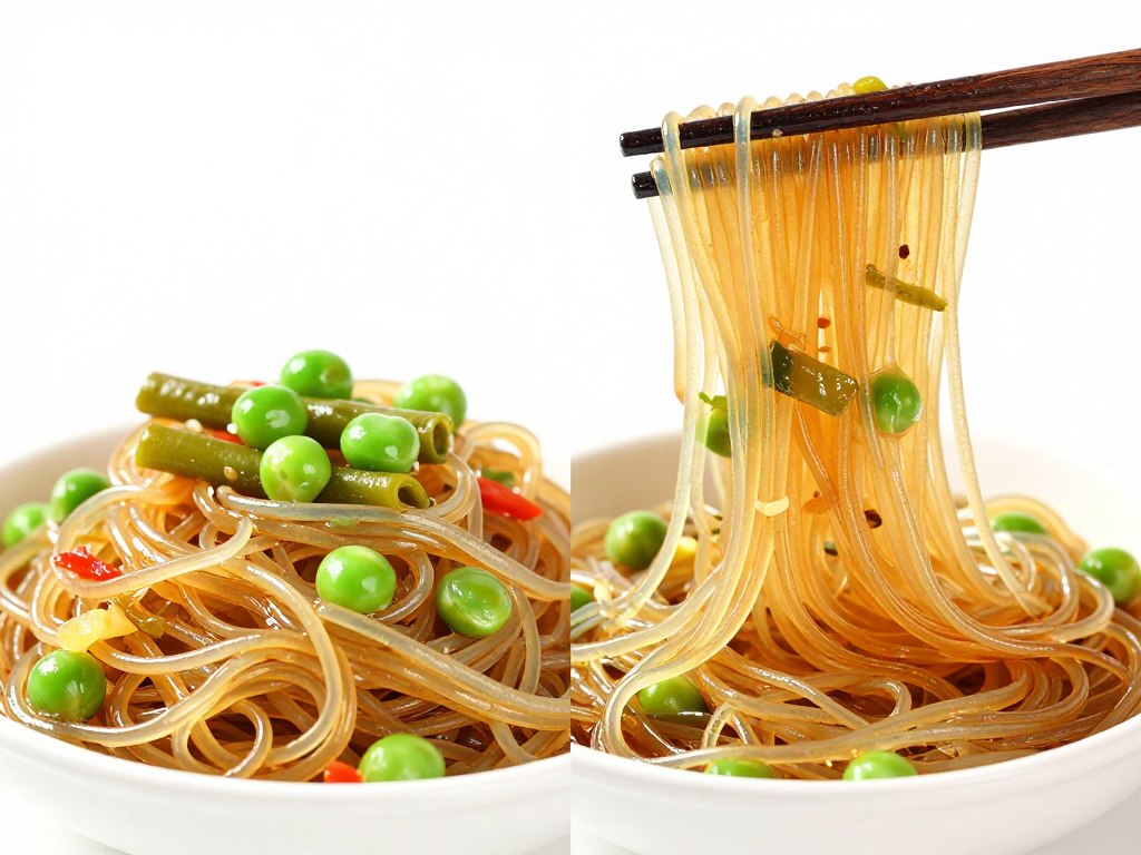 煮熟后的绿豆粉丝与豌豆粉丝对比