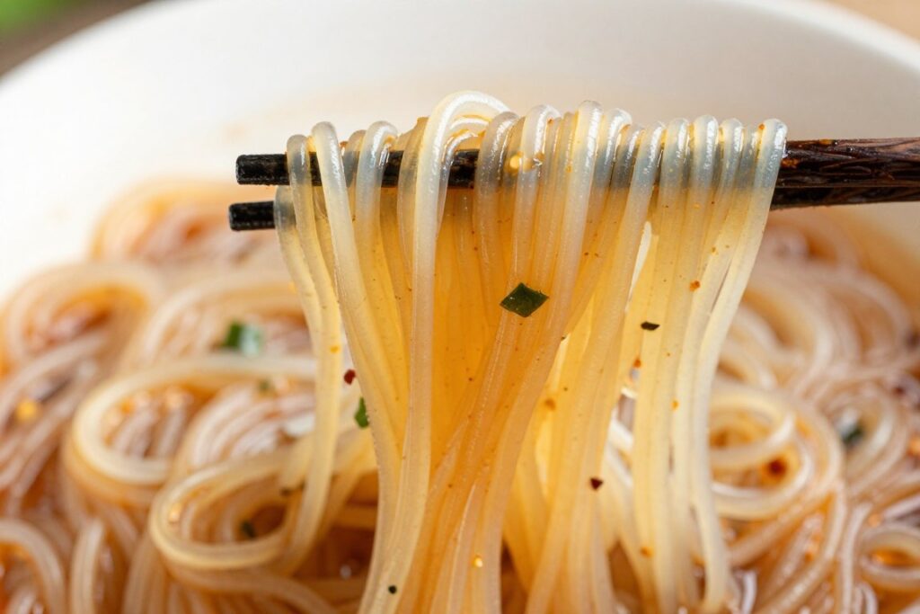 用筷子提起的粉丝展示韧性对比