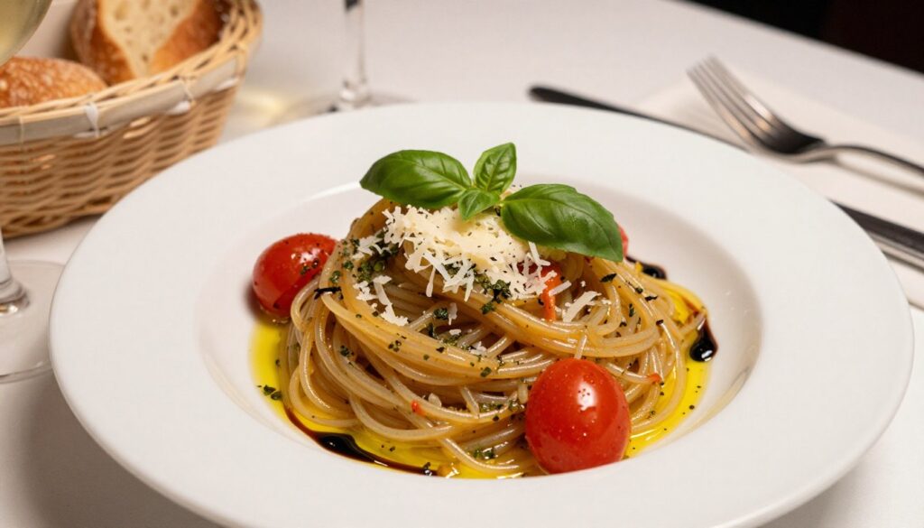 融合料理中的龙口粉丝意式炒面，配有西式香草和奶酪