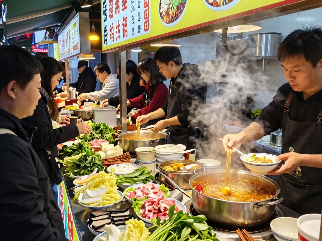 街边小吃摊上的龙口粉丝麻辣烫，顾客正在挑选配料