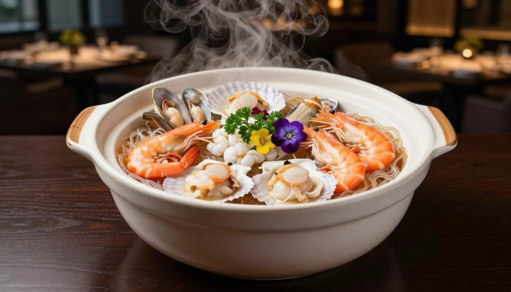 高级餐厅中的龙口粉丝海鲜煲，精美的陶瓷煲中盛放着粉丝和各种海鲜