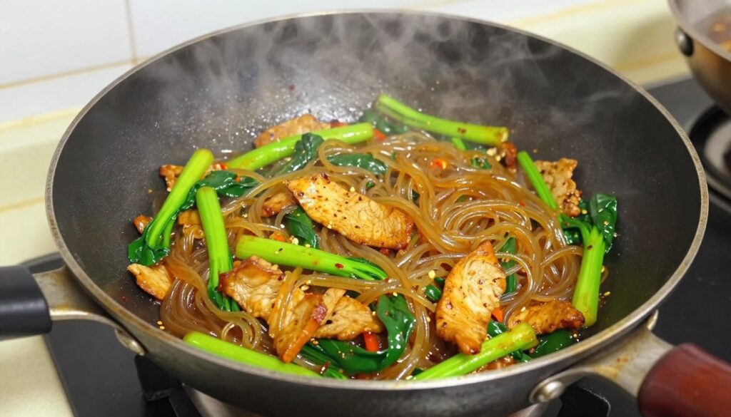 龙口粉丝炒肉片，锅中有翠绿的蔬菜、金黄的肉片和晶莹的粉丝